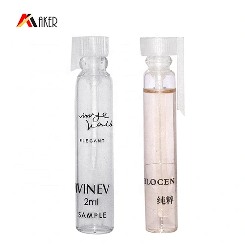 Custom 2ml clear empty mini perfume tester glass vial bottle packaging with plastic pipe cap