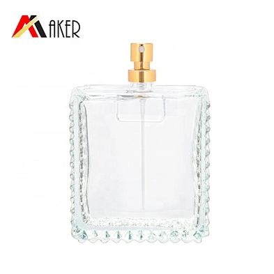 New design 100ml clear square crystal perfume glass bottle packaging with gold aluminum mist sprayer and acrylic cap