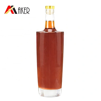 Hot sale empty clear 750ml whisky glass wine bottle vodka bottle rum bottle with gold aluminum covered polymer rubber stopper