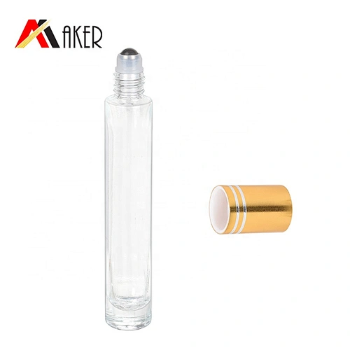 New arrival round shape empty clear 8ml glass roll on perfume bottle with gold cap and stainless steel roller