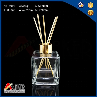 Hot sale 120ml clear square glass aroma diffuser bottle with gold aluminum covered screw cap and inner plug