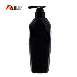 Empty custom 500ml black color unique shape PET plastic shampoo bottle with pump dispenser