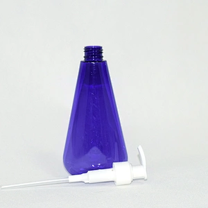 Empty custom 200ml blue color unique shape PET plastic shampoo bottle with pump dispenser