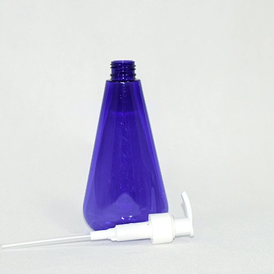 Empty custom 200ml blue color unique shape PET plastic shampoo bottle with pump dispenser