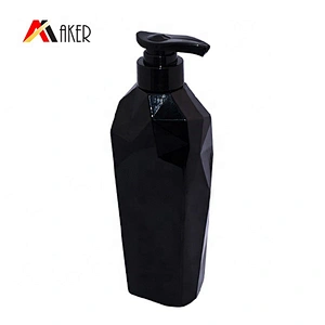 Empty custom 500ml black color unique shape PET plastic shampoo bottle with pump dispenser