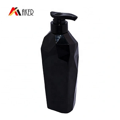 Empty custom 500ml black color unique shape PET plastic shampoo bottle with pump dispenser