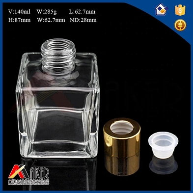 Hot sale 120ml clear square glass aroma diffuser bottle with gold aluminum covered screw cap and inner plug