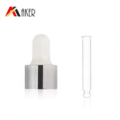 China manufacturer 18mm white rubber silver aluminum covered dropper for cosmetic essential oil glass bottle