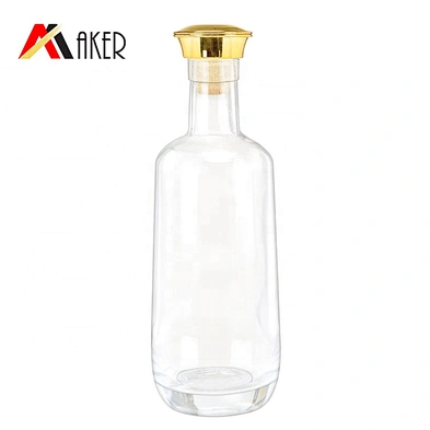 New arrival round shape 700ml clear empty glass liquor bottle with electroplating gold stopper