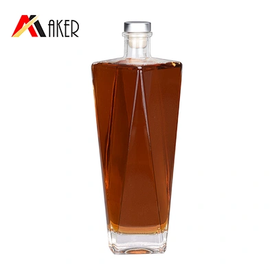 Wholesale clear square 750ml whisky empty glass wine bottles liquor bottle with silver aluminum covered rubber stopper
