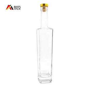 Custom clear square 500ml whisky glass wine bottle liquor bottle with gold aluminum covered rubber stopper