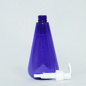 Empty custom 200ml blue color unique shape PET plastic shampoo bottle with pump dispenser
