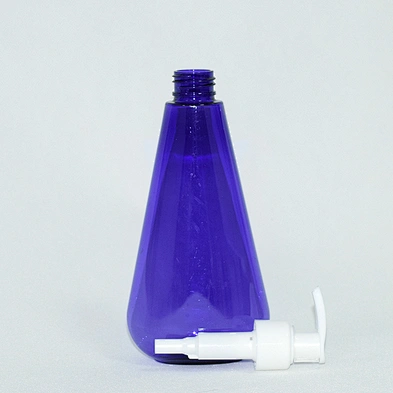 Empty custom 200ml blue color unique shape PET plastic shampoo bottle with pump dispenser
