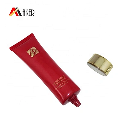 empty 60g red flat LDPE cosmetic BB CC foundation plastic tube packaging with gold screw cap