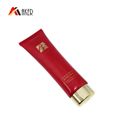 empty 60g red flat LDPE cosmetic BB CC foundation plastic tube packaging with gold screw cap
