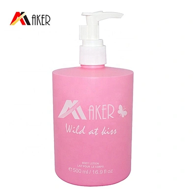 Wholesale 500ml pink cylinder HDPE plastic cosmetic body lotion bottle packaging with white lotion pump