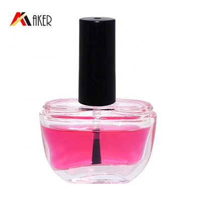Unique shape empty 15ml clear cosmetic glass nail polish bottle with black screw cap and brush