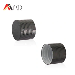 Wholesale 18mm black ribbed aluminum covered screw cap with plastic orifice reducer for cosmetic glass essential oil bottle