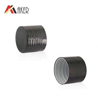 Wholesale 18mm black ribbed aluminum covered screw cap with plastic orifice reducer for cosmetic glass essential oil bottle