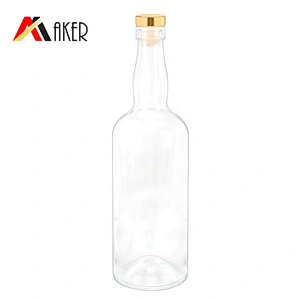 Unique boston round empty 750ml clear whisky glass liquor bottle with aluminum covered rubber stopper