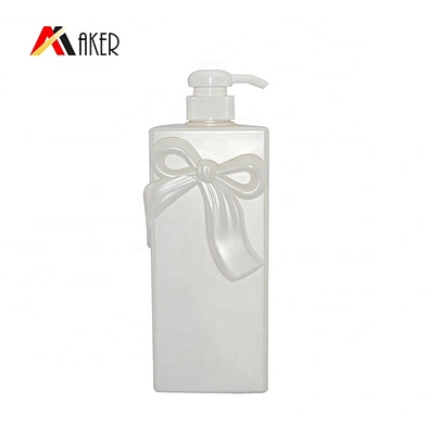 Special design white 900ml HDPE plastic shampoo lotion bottle with bow knot and lotion pump
