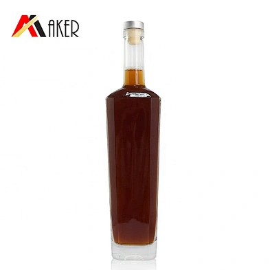 Wholesale 700ml empty clear cylinder square wine bottle special shape vodka glass bottle with silver aluminum covered cork