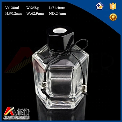 Factory 120ml hexagon clear glass aroma bottle diffuser bottle with black screw cap and plastic inner plug