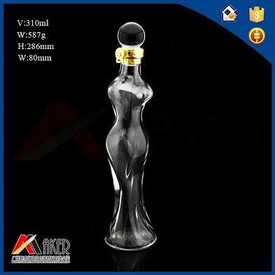 Custom 300ml unique beauty woman body shape clear glass wine bottle with golden lock and glass stopper
