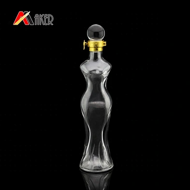 Custom 300ml unique beauty woman body shape clear glass wine bottle with golden lock and glass stopper
