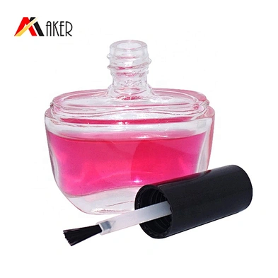Unique shape empty 15ml clear cosmetic glass nail polish bottle with black screw cap and brush