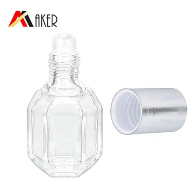 Wholesale hexagonal transparent 10ml roll on glass bottle with glass roller ball for perfume essential oil