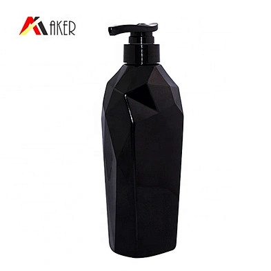 Empty custom 500ml black color unique shape PET plastic shampoo bottle with pump dispenser