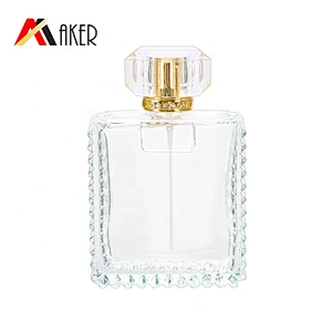 New design 100ml clear square crystal perfume glass bottle packaging with gold aluminum mist sprayer and acrylic cap