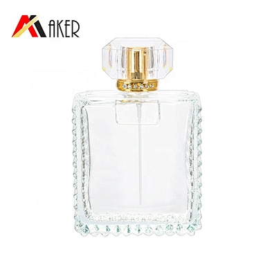 New design 100ml clear square crystal perfume glass bottle packaging with gold aluminum mist sprayer and acrylic cap
