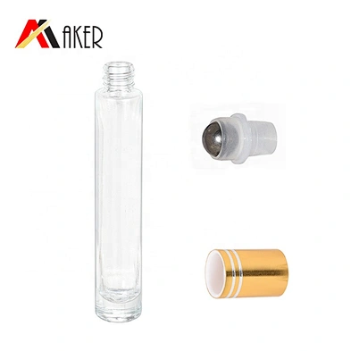 New arrival round shape empty clear 8ml glass roll on perfume bottle with gold cap and stainless steel roller
