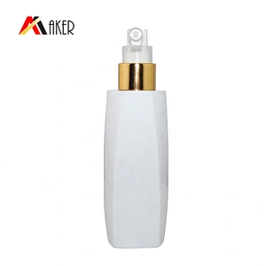 Empty 150ml white square PET cosmetic plastic bottle with gold sprayer