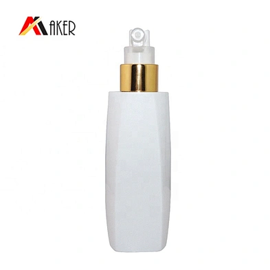 Empty 150ml white square PET cosmetic plastic bottle with gold sprayer
