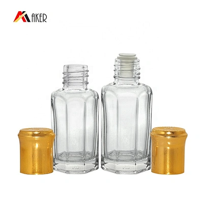 Wholesale factory clear 10ml octagonal essential oil glass bottle with gold aluminum covered screw cap