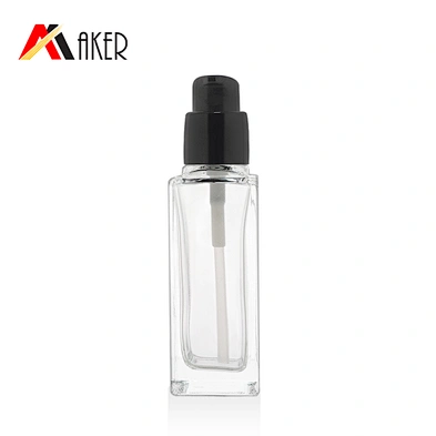 Newest design empty clear square shape 40ml luxury lotion glass bottle with pump