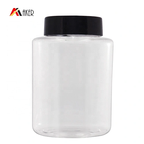 Wholesale 100ml clear empty baby talcum powder PETG plastic bottle with black plastic screw cap and plug