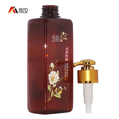 Custom 400ml amber square PET plastic empty shampoo lotion bottle with luxurious gold aluminum covered lotion pump