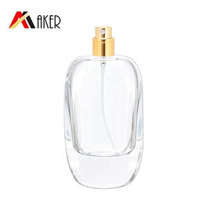 China manufacturer 100ml clear perfume glass bottle with gold aluminum sprayer acrylic cap