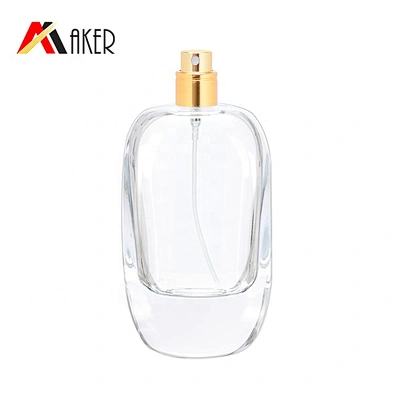 China manufacturer 100ml clear perfume glass bottle with gold aluminum sprayer acrylic cap