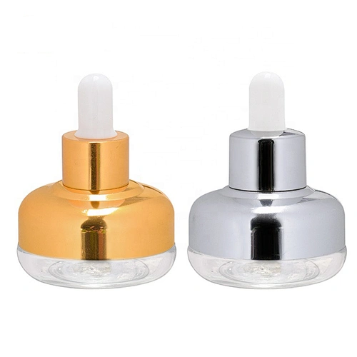 Luxury round clear 20ml cosmetic glass dropper lotion bottle with gold aluminum covered dropper cap