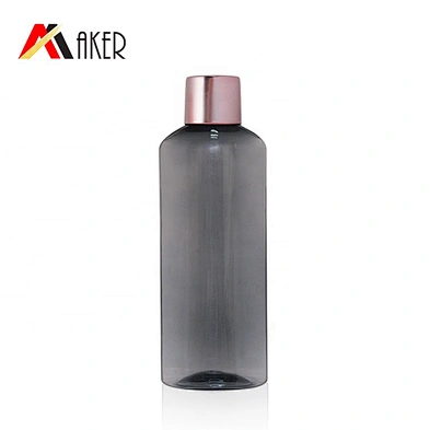 New arrival 100ml semi-transparent black plastic PET bottle for cosmetic packaging with rose gold luxury screw cap
