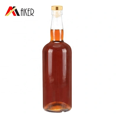 Unique boston round empty 750ml clear whisky glass liquor bottle with aluminum covered rubber stopper