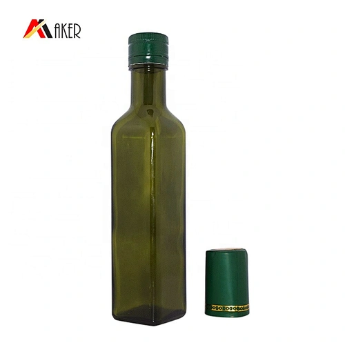 Wholesale 250ml dark green square glass olive oil bottle with aluminum screw cap and inner seal