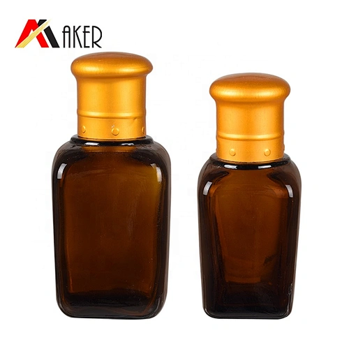 Wholesale empty 25ml 40ml square semi-transparent amber glass essential oil bottle with gold aluminum covered screw cap