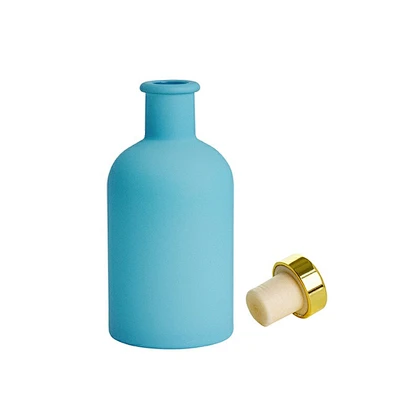 Decorative matte aquamarine blue empty round glass aromatherapy flower rattan reed diffuser bottle100ml with aluminium wooden co