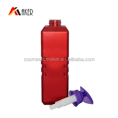 Factory price 800ml square shape empty plastic red hdpe shampoo bottle with pump for hair
